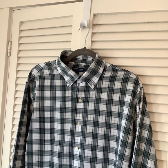 Peter Millar men's buttondown shirt large green plaid white cotton - Picture 3 of 7